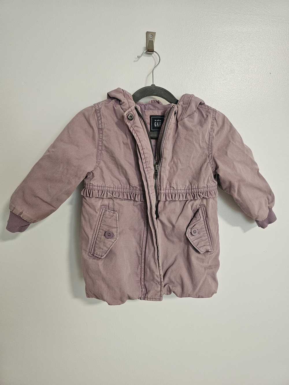 🧸2/20$ GAP Kids Pink Mauve Hooded Puffer Jacket Size 2T Girl Ruffle Trim